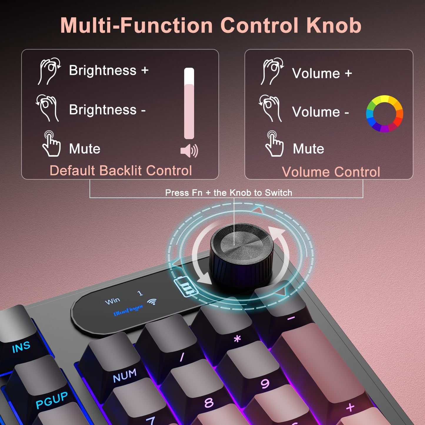 BlueFinger Wireless Gaming Keyboard, RGB Backlit, Tri-Mode Bluetooth/2.4G/USB-C, 98 Keys Quiet Keyboard with Number Pad, Volume Knob & Screen, Side Printed PBT Keycaps for PC/Mac/Laptop