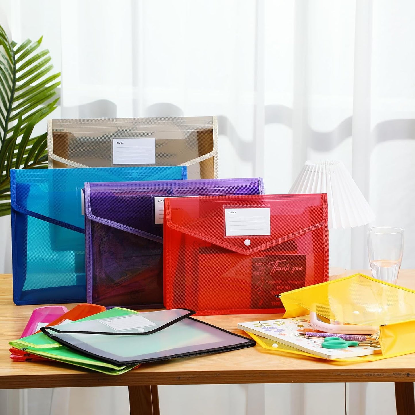 Zhanmai 18 Pcs Plastic File Folder Waterproof Transparent Expandable File Folder Organizer with Snap Closure Plastic Envelopes Document Folder Organizer with Label Pocket Waterproof File Pouch, A4, B4