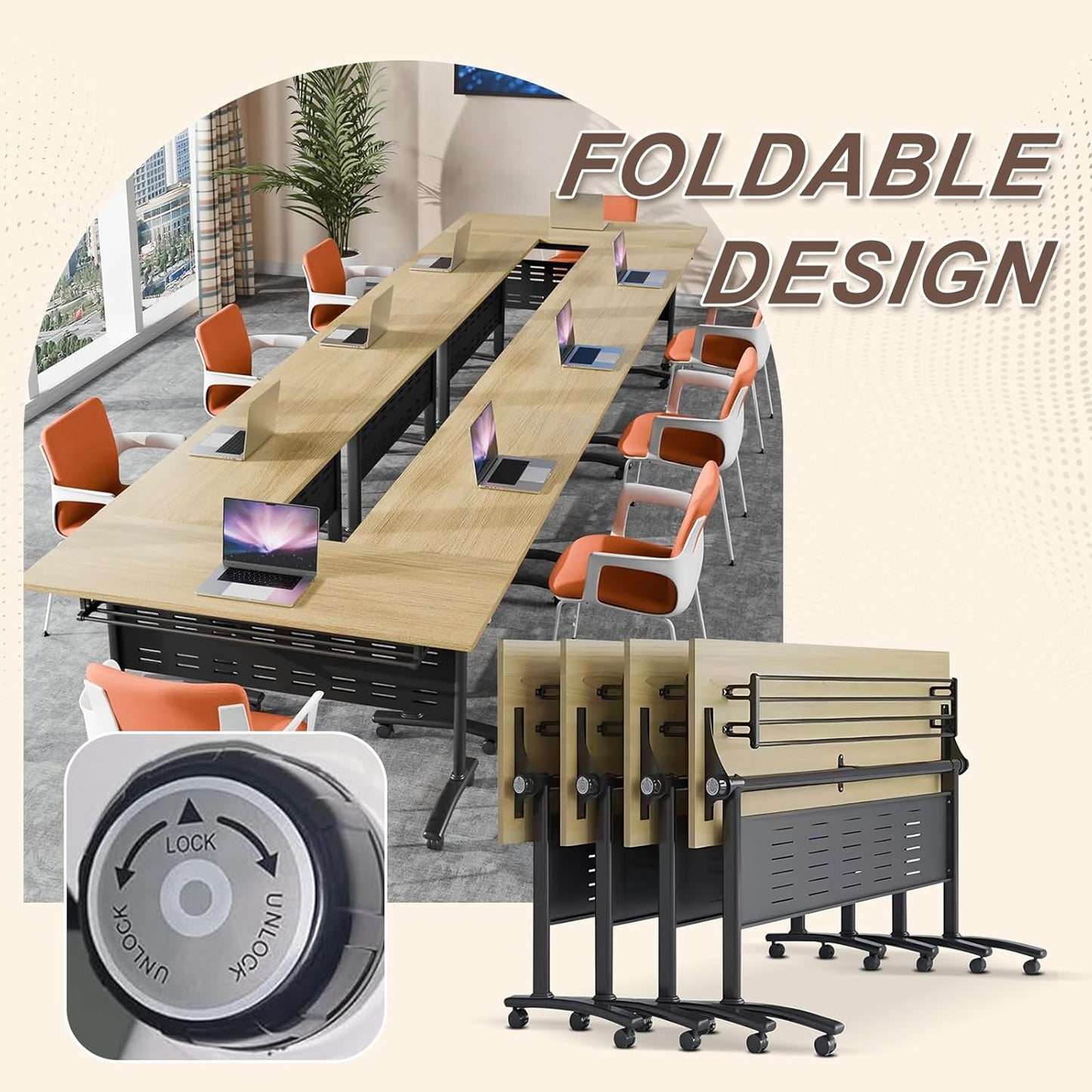 Folding Conference Room Table, Modern Conference Tables with Wheels, Large Rectangular Mobile Training Tables for Office Classroom, Foldable Modular Boardroom Seminar Table Maple (8pack L70.9in)