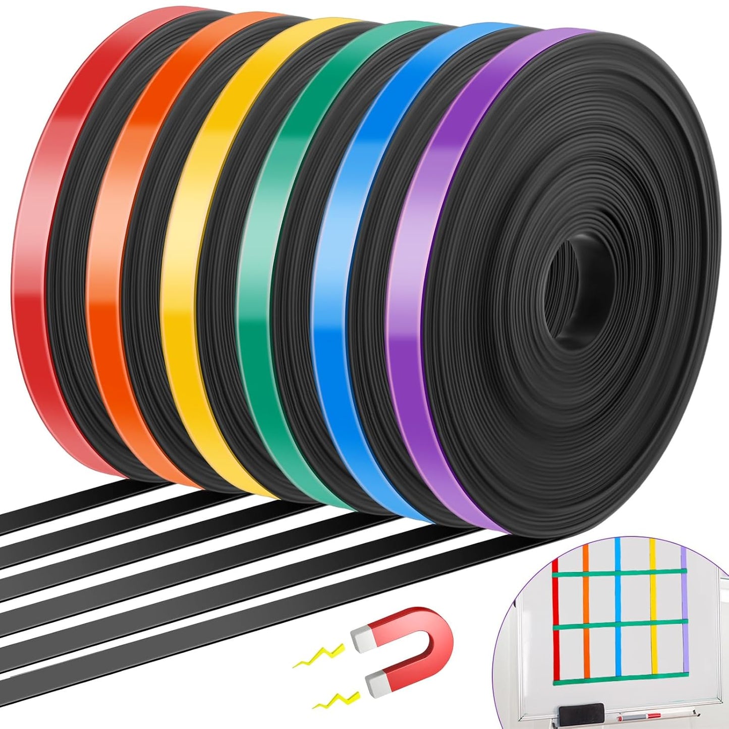 6 Rolls Magnetic Tape Roll Thin Strips, 33 ft Magnetic Whiteboard Graphic Decorative Tape Marking Line Magnet Board Dividers for Classroom Office Art Accessories (Mix Color,0.39 Inch)