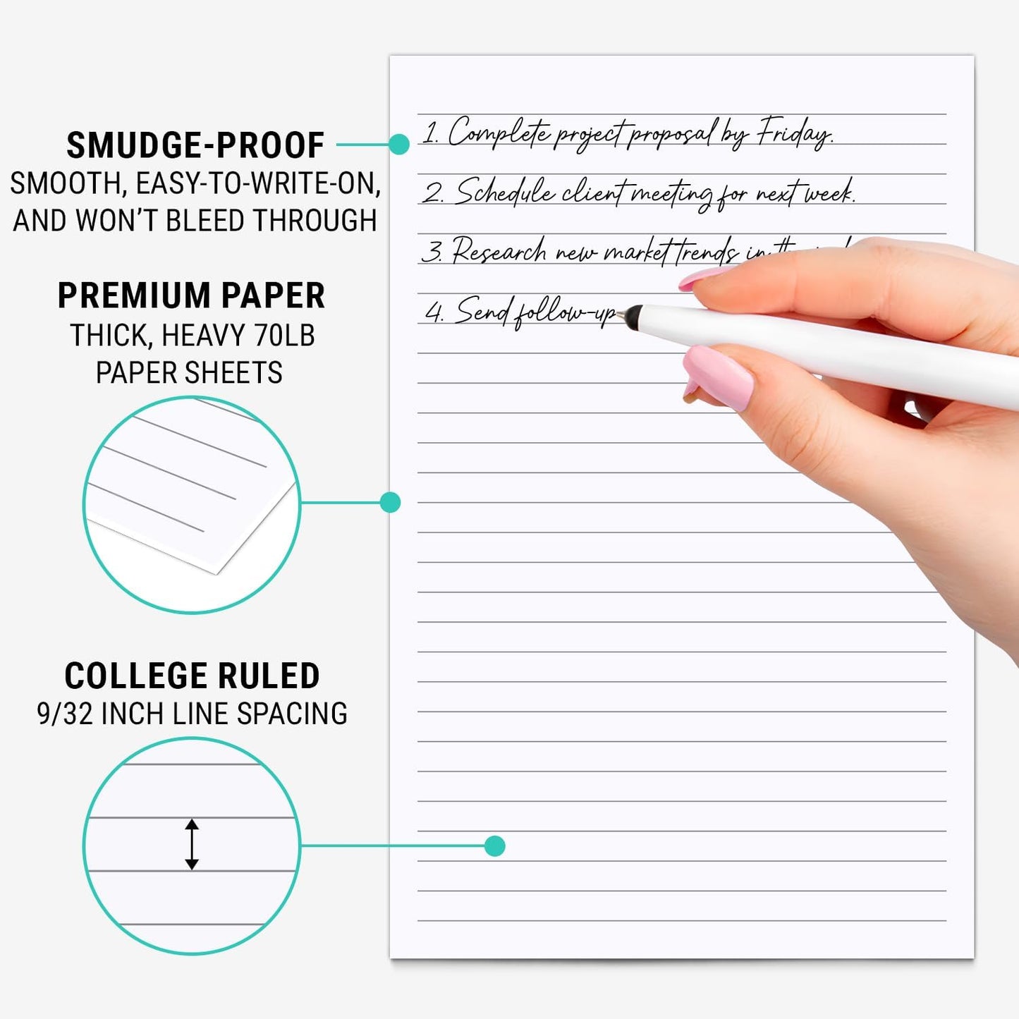 321Done Ruled Notepad - 50 Sheets (5.5" x 8.5") - Luxury Planning Note Pad with Lines - Thick Premium Paper - Made in USA - Plain White