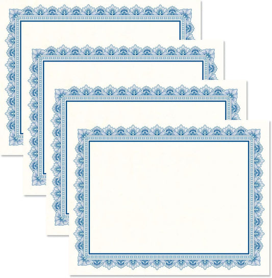 Intricate Blue & White Parchment Certificate Papers - Pack of 100, Laser & Inkjet Printer Compatible, For Office, Business Awards, Graduation, School Diplomas, 8-1/2" x 11" on 60 lb. Text Stock