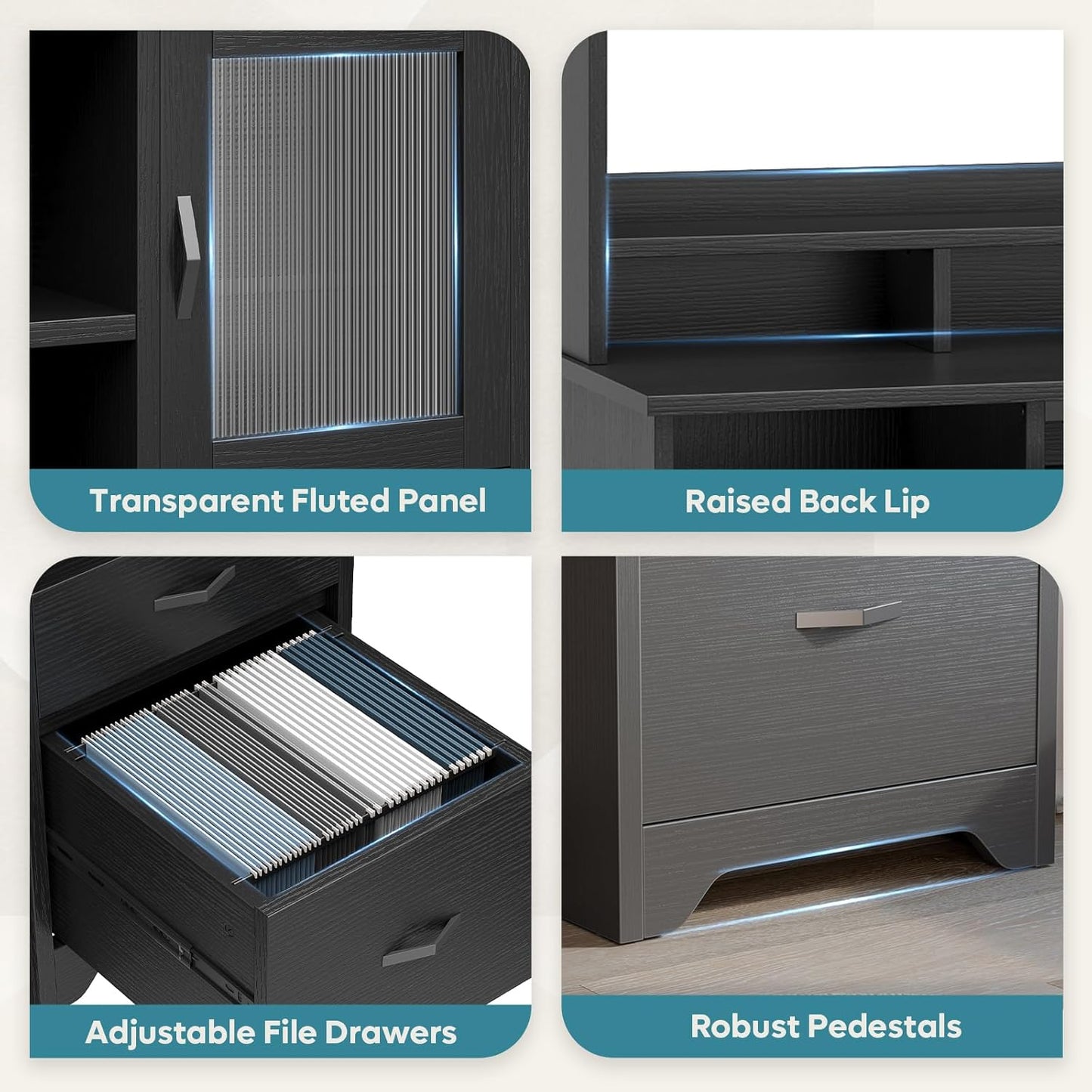 Bestier 77.8" H Executive Desk with Hutch, Modern Wood Computer Desk with Drawers, Charging Station, LED Light, Fluted Storage Cabinet, Keyboard Tray, 59" W Office Desk for Home Office, Black