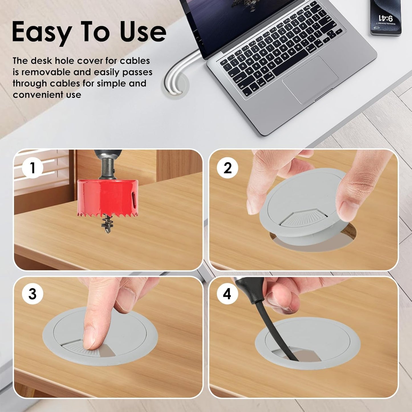 12 PcsDesk Grommet 2 Inch (50 mm), Desk Hole Cover for Cables, Desk Wire Hole Insert, 2" Desk Hole Grommet, Cable Grommet, Desk Cord Hole Cover, Desk Cable Hole Cover with Hole Saw - Grey