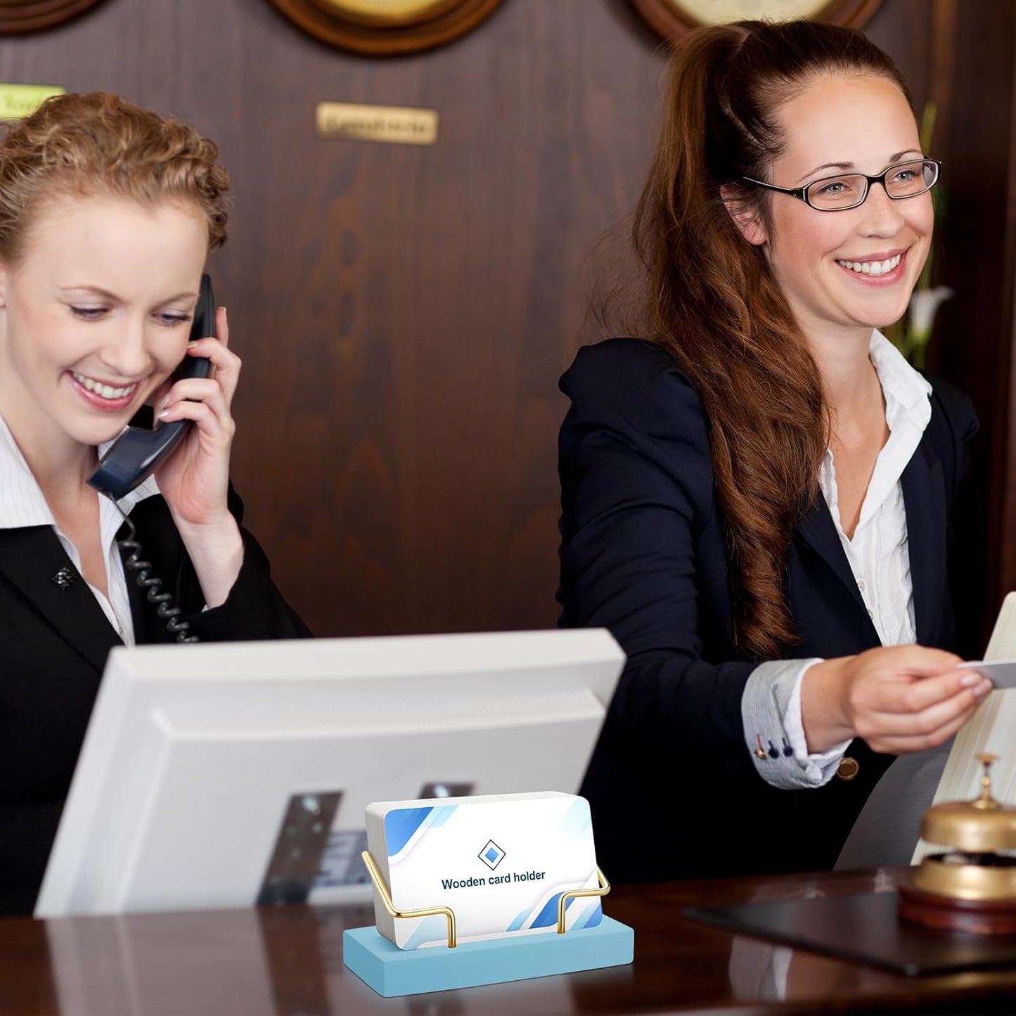 Amyhill 2 Pieces Wood Business Card Holder for Desk Wooden Business Card Display Stand Postcard Holder for Office Home Desktop (Blue Color, Gold)