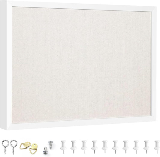 OWLKELA 13.3"x17.7" inch Bulletin Board with Linen, White Wood Style Frame, with 10 Pushpins, Linen Cork Board, Ideal for School, Home & Office