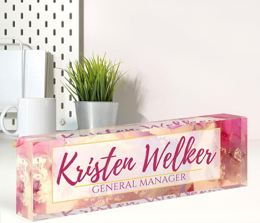 Name Plate for Desk, Desk Name Plate Personalized, Office Decor for Women Men, Acrylic Desktop Accessories, Office Appreciation Gifts for Boss Social Workers Nurse Teacher Employee (Pink/Gold)