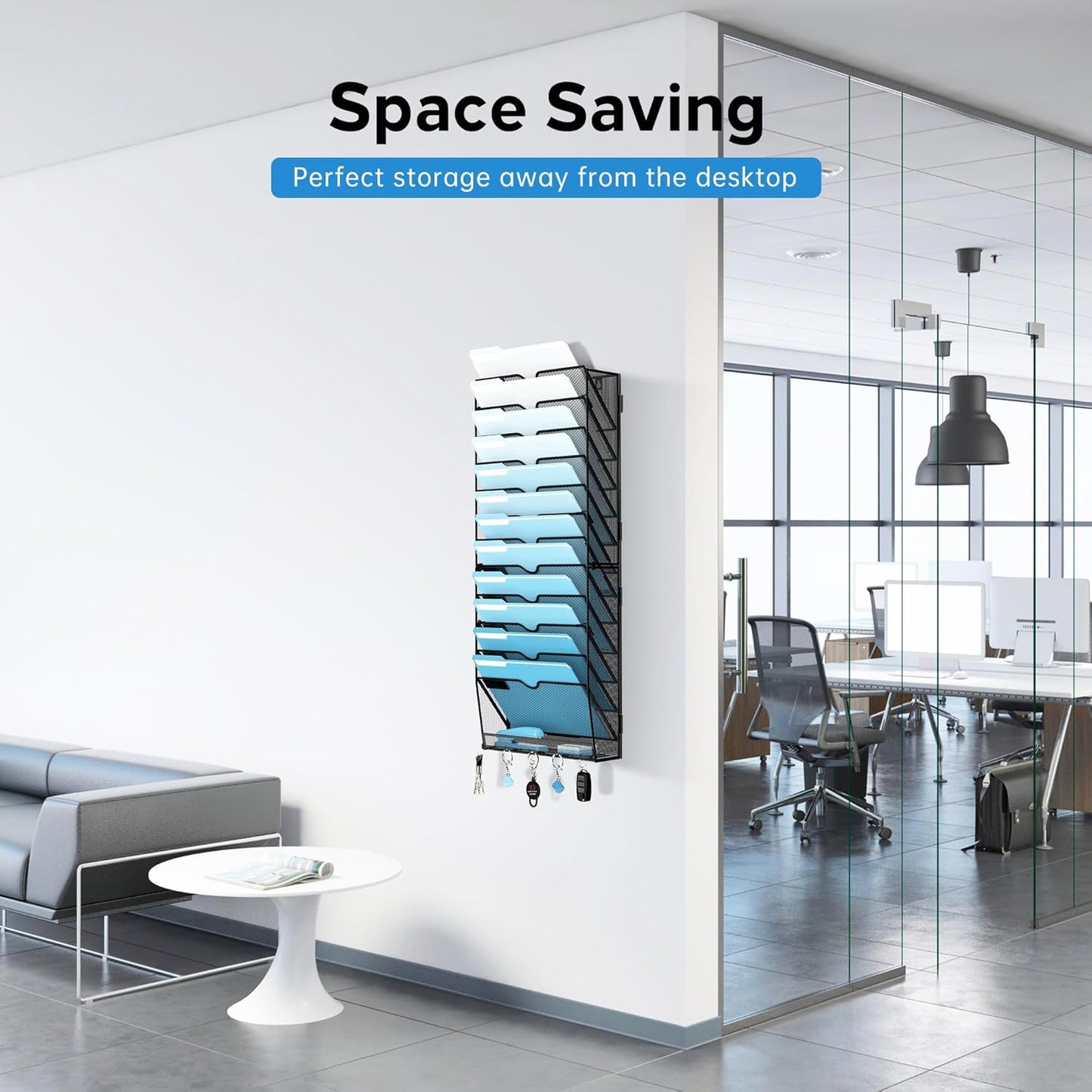 SUPEASY 13-Tier Wall File Organizer, Wall File Holder with Hooks, Mesh Hanging File Organizer, Mail Organizer Wall Mounted for Papers, Folders, Office Magazine Rack, Assembly Needed, Black