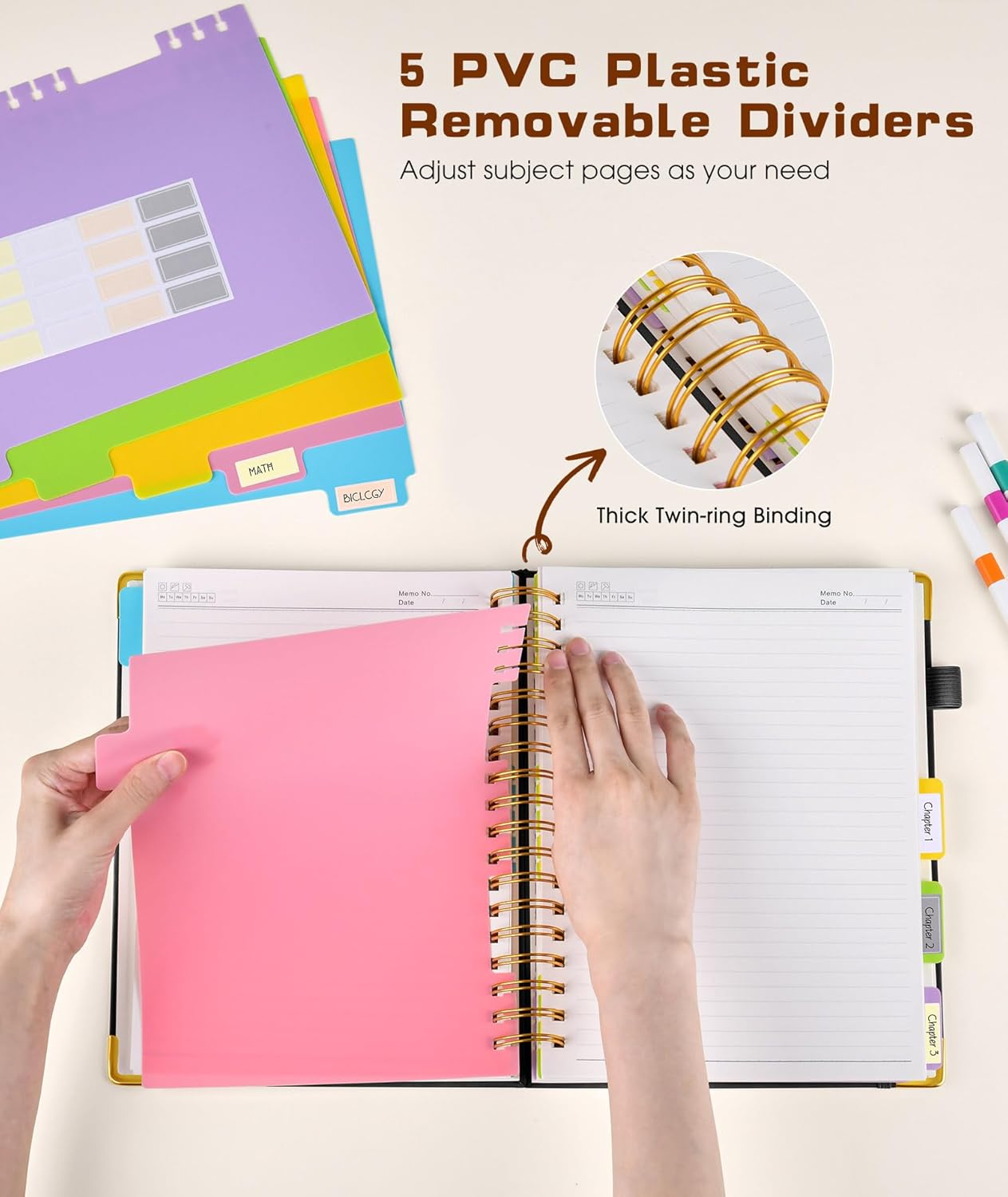 Hardcover Spiral Notebook journal with Removable Dividers Tabs, 300 Pages Leather 5 Subject Notebook College Ruled, 8"x10" Large B5 Notebooks for Work School Note taking, Lined Journal for Women,Black