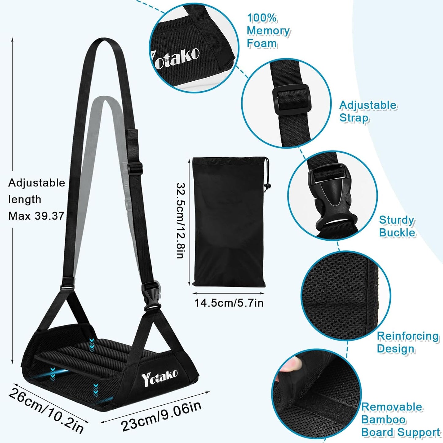 Yotako Airplane Foot Hammock-Removable Wide Bamboo Airplane Foot Rest with Extended Adjustment Strap, Desk Foot Hammock to Relax Your Feet Foot Sling Travel Essentials with Storage Pouch, Black