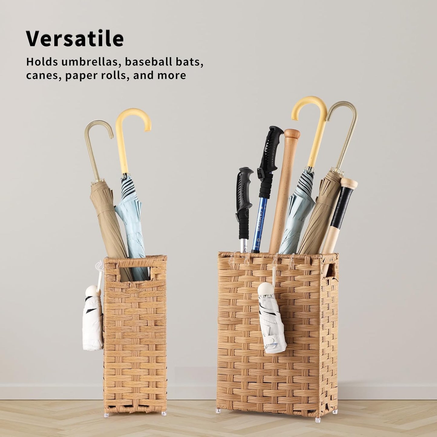 Rattan Umbrella Stand, Umbrella Holder for Entryway, Hand Woven Umbrella Rack Organizer Freestanding, with a Detachable Drip Tray, 4 Hooks, 6.5" L x 6.5" W x 16.5" H