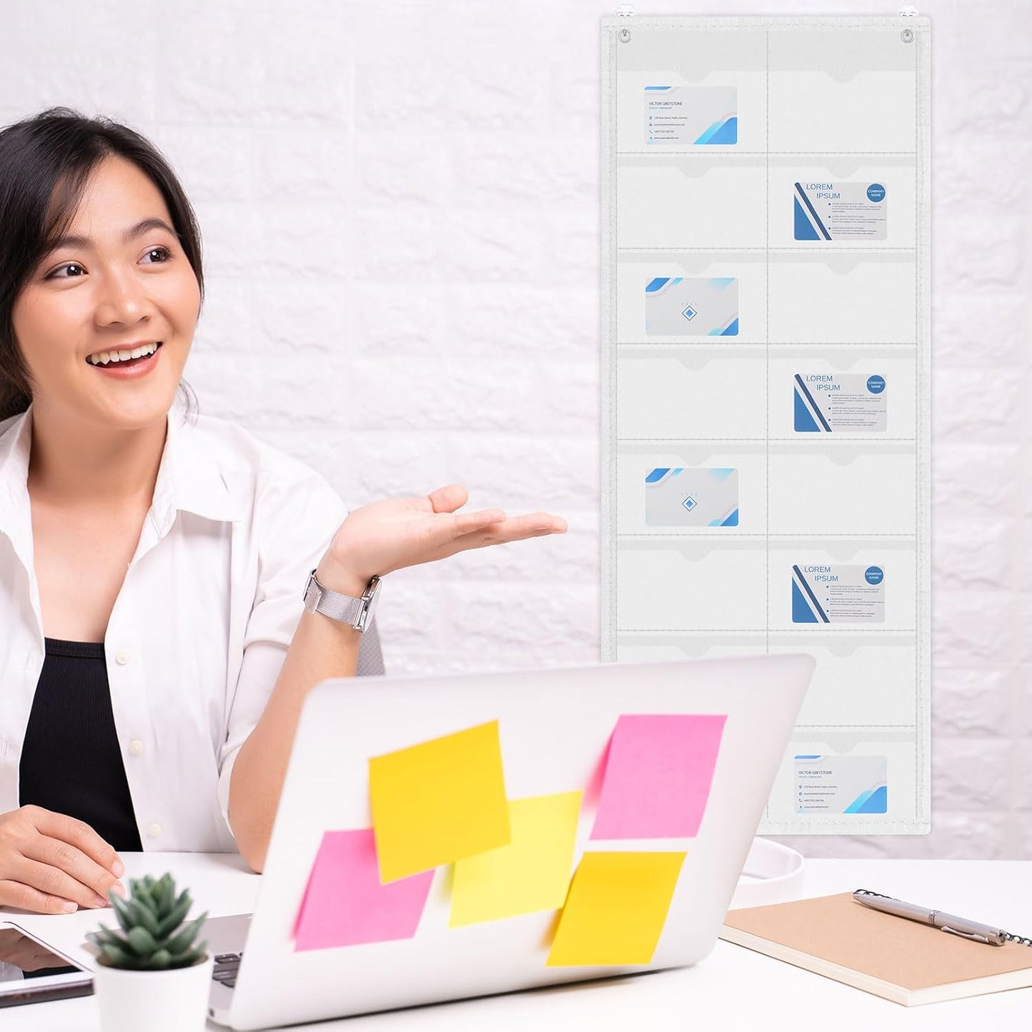 2 Pack 3'' x 5'' Index Card Holder Sleeve 16 Slot Plastic Organizer Hanging Wall Mount Business Note Cardholder PVC Clear Organizer Pocket for Classroom Office Library Home (White)