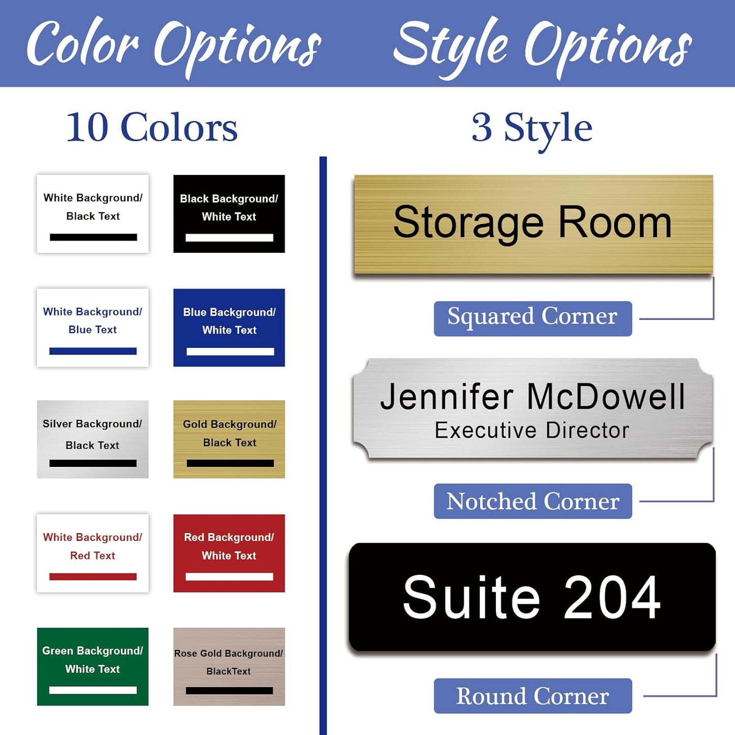 Custom Office Engraved Name Plate for Door or Wall Sign, Personalized Door Name Plate for Office with Adhesive, Laser Engraving, 10 Colors Available, 3 Styles (2" x 10")