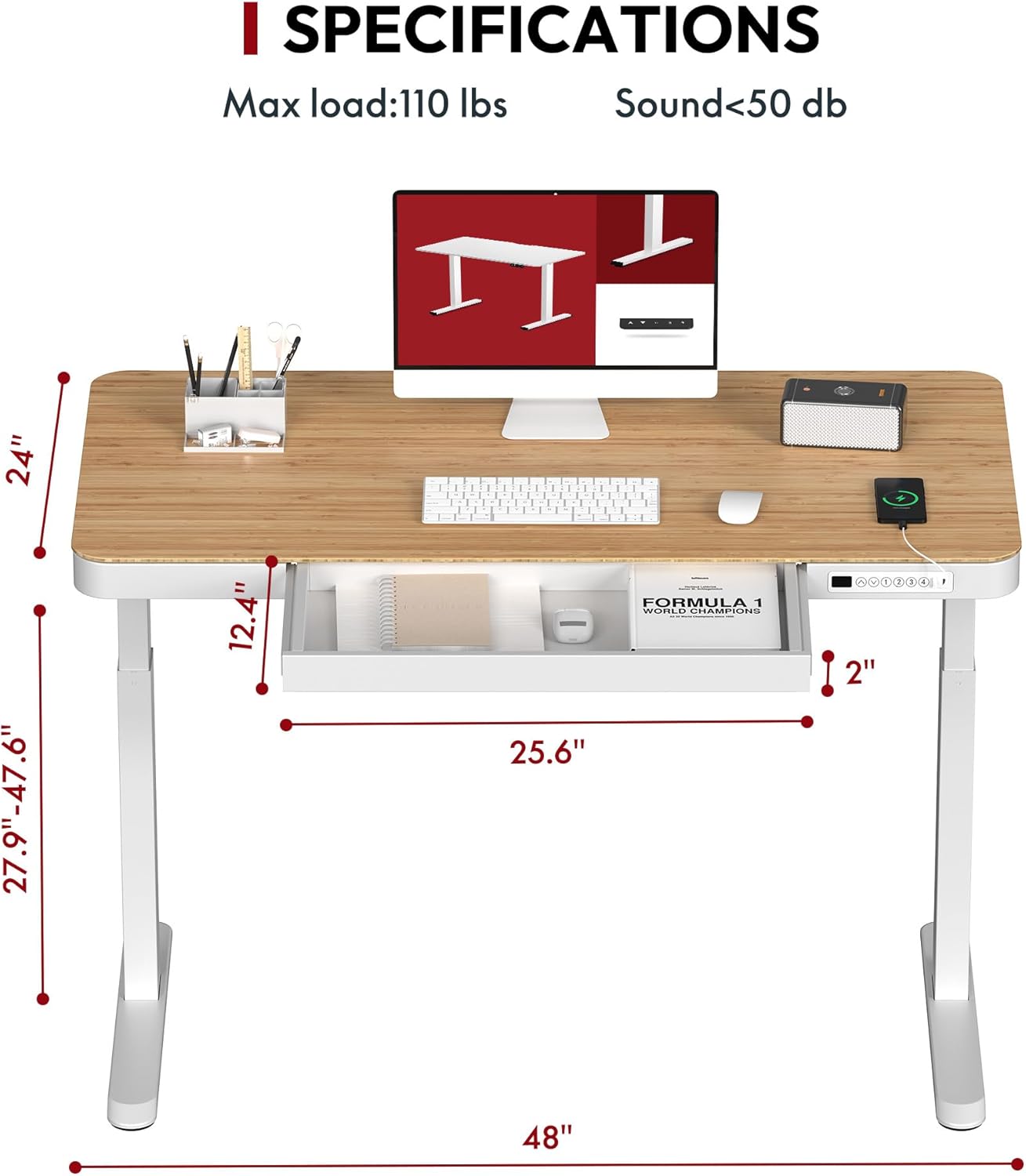 Standing Desk with Drawer, Electric Height Adjustable Home Office Desk with Storage & USB Ports, 48 inch Bamboo Texture Tabletop/White Frame