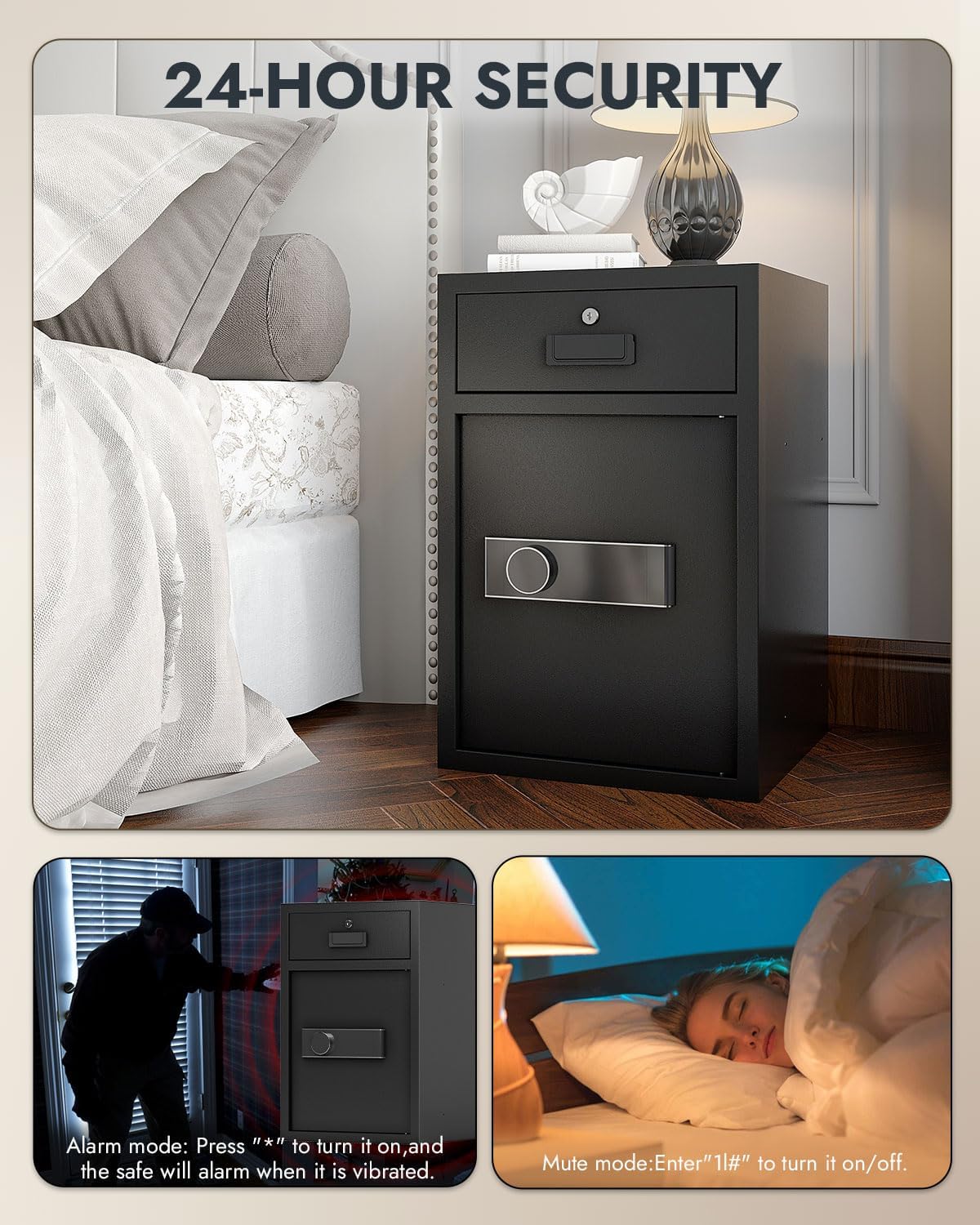 5.1Cuft Safe Box with Drawer Fireproof Waterproof Bag, 3 Unlock Methods, Vibration Alert & Silent Mode, M oney box Safe for Home, Office, Valuables