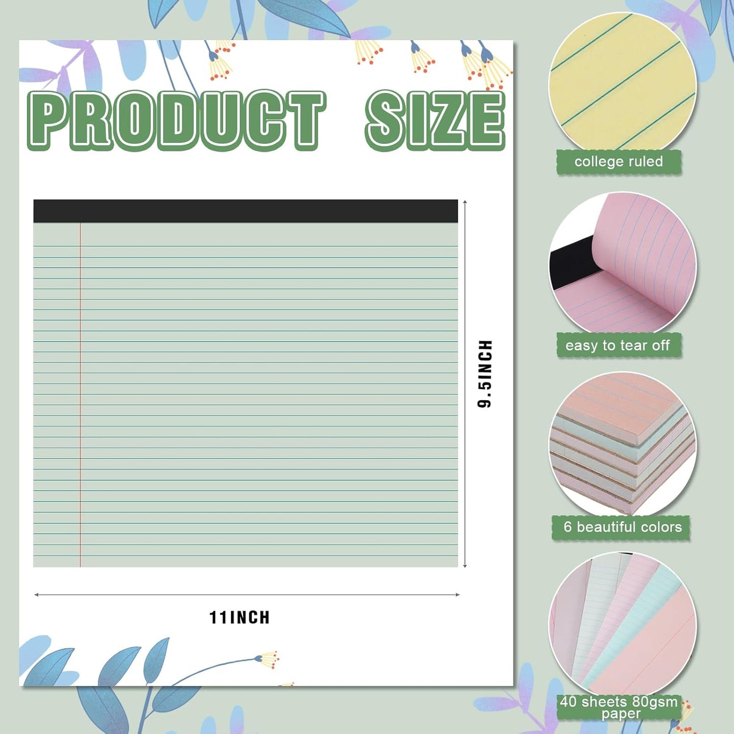 Lincia 6 Pcs 11" x 9.5" Legal Pads College Ruled Notepad Landscape Notebook Horizontal Lined Notebook 80 Gsm Assorted Colors Paper Pastel Writing Pads for School Office, 40 Sheet (Boho Color)