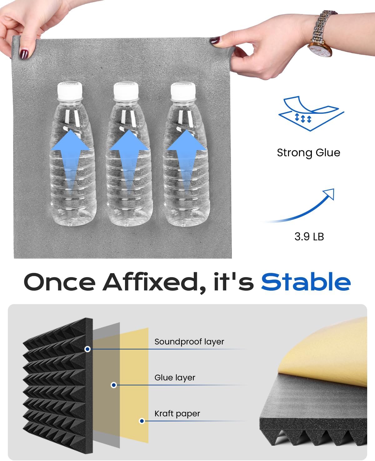 Sonicism Sound Proof Foam Panels for Walls Self-Adhesive Pyramid 12 Pack,12"X12"X2" Acoustic Panels,35kg/m³High Density Soundproof Wall Panels Fast Expand,Sound Absorption and Decoration,Black/Gray