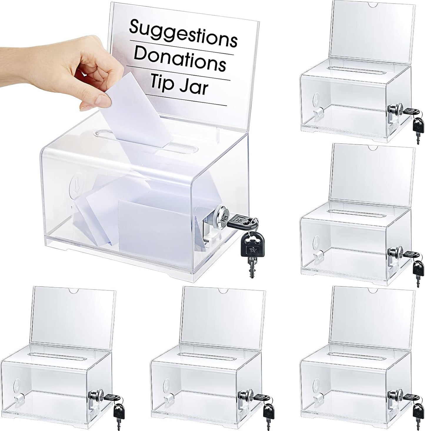 Chunful 6 Pcs Acrylic Donation Box with Lock and Sign Holder Clear Ballot Donation Boxes with Slot for Fundraising Suggestion Box Storage Container for Voting, Raffle Bowl, Tip Jar