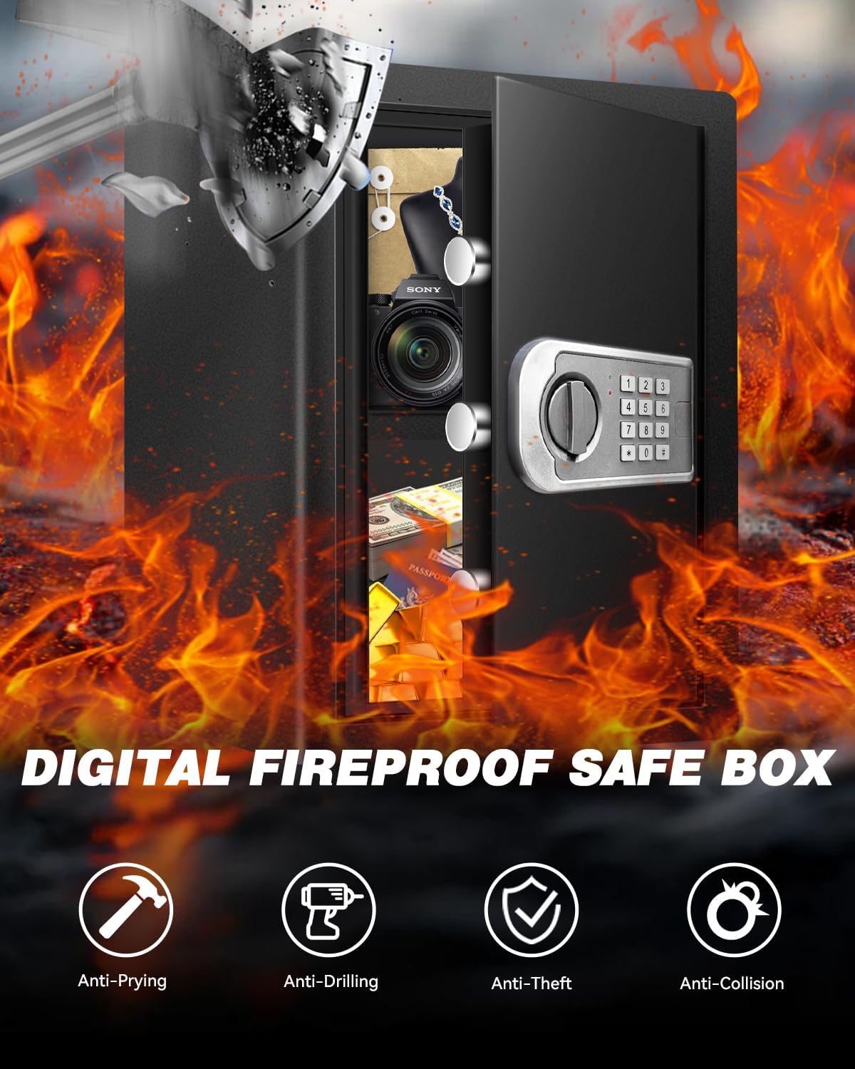 Large Safe Box for Home - 3.0 CuFt Heavy-Duty Cabinet with Motion Light & Dual Alarm, Digital Keypad & Override Key, Removable Shelf - Spacious Black Safe for Documents, Laptops, and More