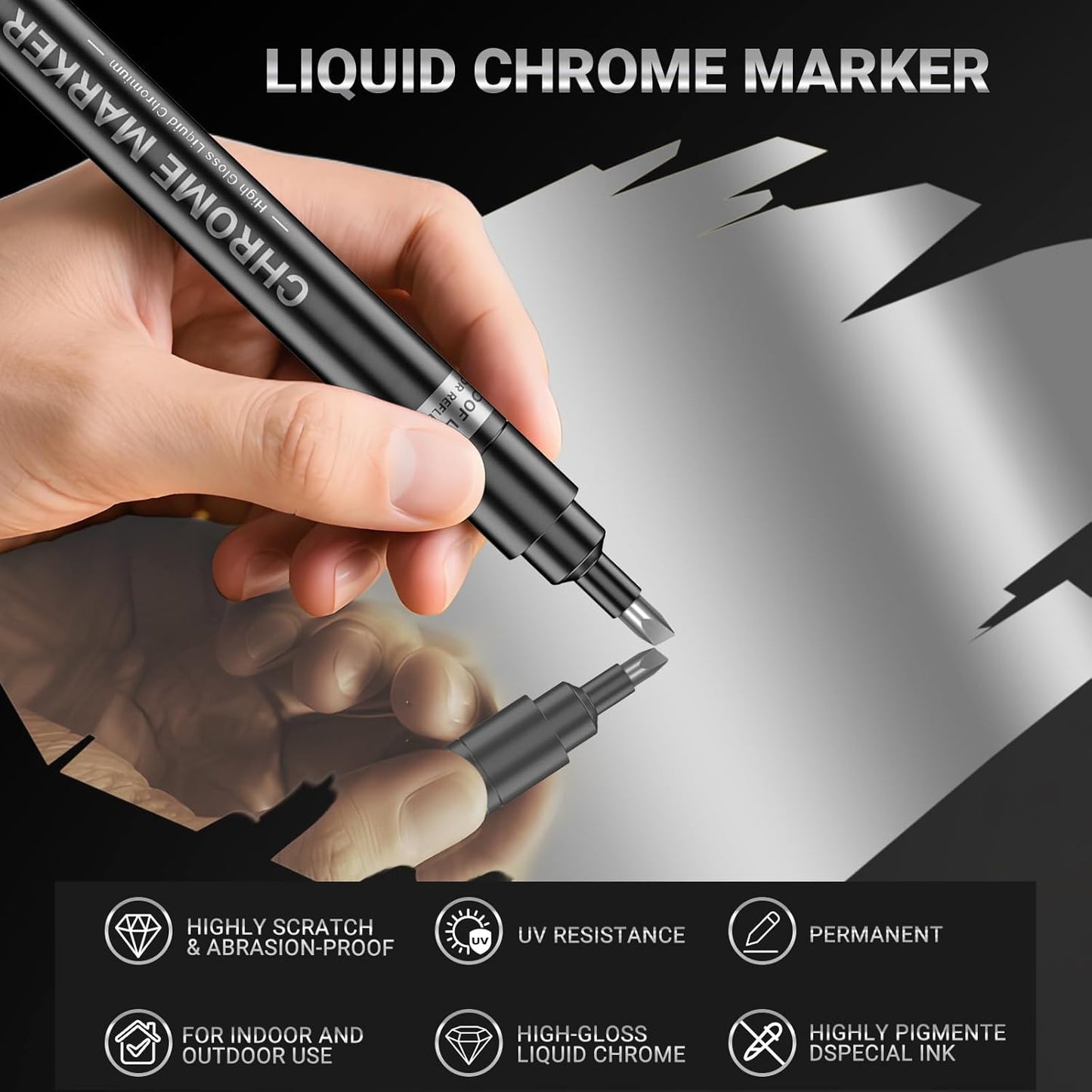 3Pcs Silver Liquid Mirror Chrome Markers, Permanent Reflective Metallic Chrome Paint Pen, High Gloss Car DIY Model Painting, Touch Up Repair Kit for Plastic Metal Glass Resins