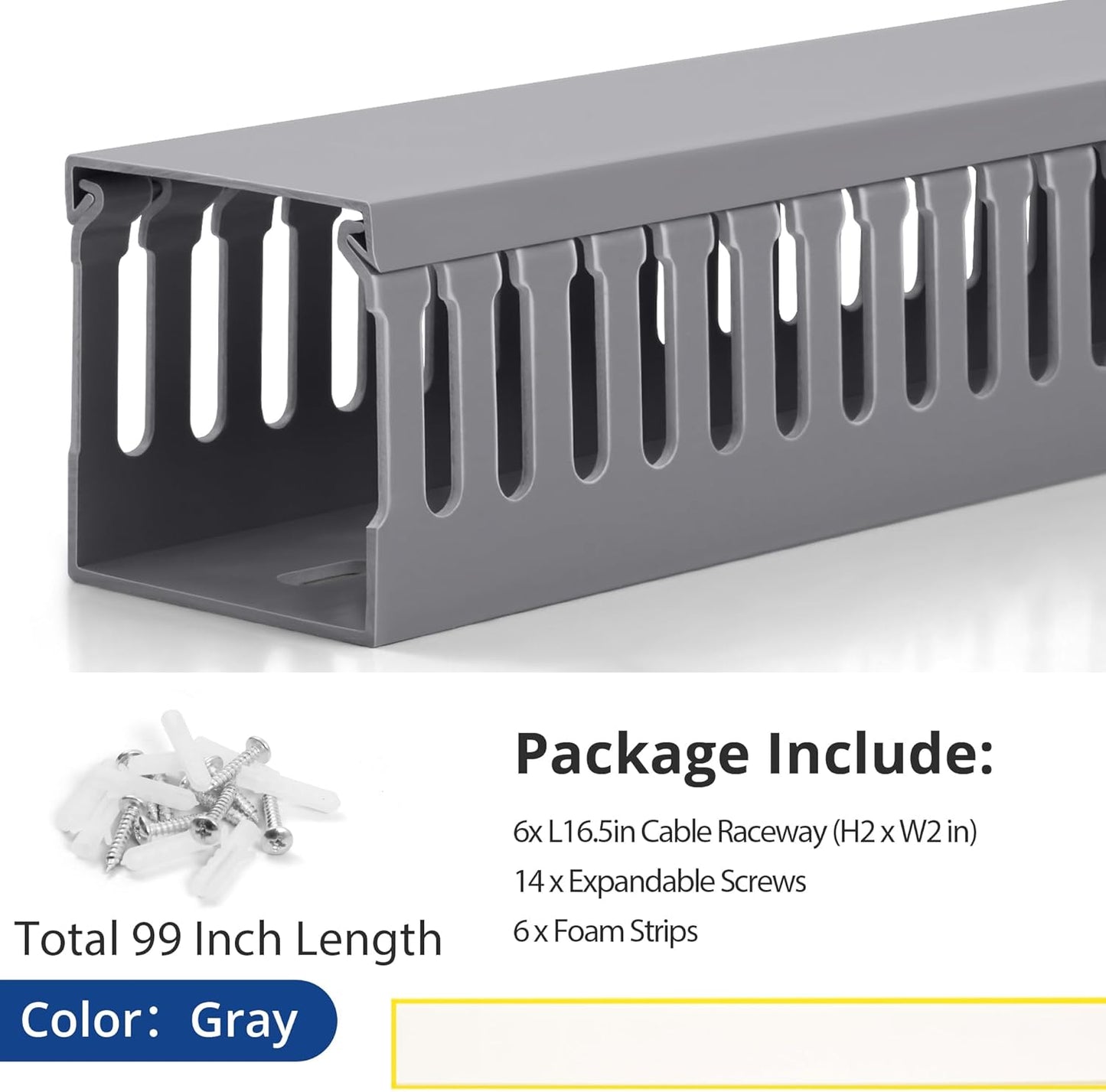 ZhiYo 99in(6X L16.5in) Professional Server Rack Cable Management Raceway, H2in x W2in Cable Raceway Kit, Electrically Safe PVC Open Slot Wire Raceway for Under Desk/Computer/Network Cords, Grey