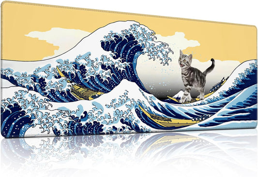 Funny Cat Surfing The Great Wave Off Kanagawa Mouse Pad - Large Non-Slip Desk Mat for Office, PC, Laptop - 31.5"x11.8" x 3mm