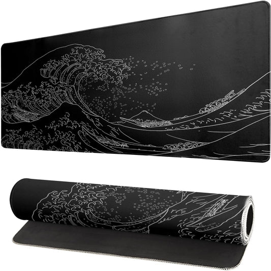 Mousepad 31.5 x 11.8 inches, Large Gaming Mouse Mat with Non-Slip Base, Extended Anime Mouse pad, Full Keyboard Mat with Stitched Edges for Gaming and Office (Kanagawa Wave)
