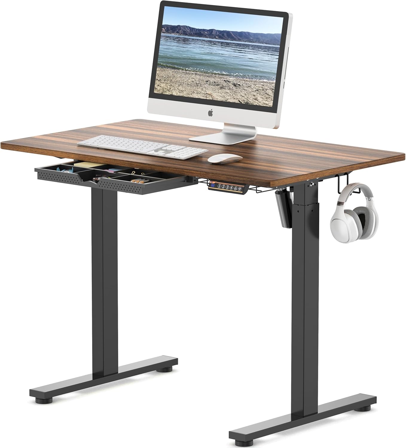 SHW 40-Inch Electric Height Adjustable Standing Desk with Drawer, Memory Preset and Cable Management Tray, Walnut
