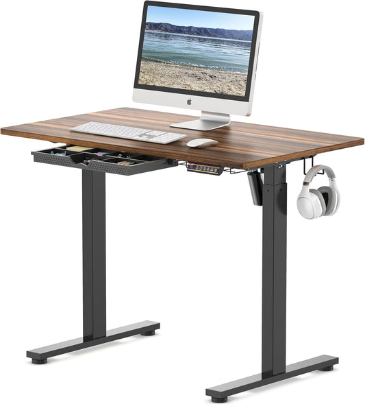 SHW 40-Inch Electric Height Adjustable Standing Desk with Drawer, Memory Preset and Cable Management Tray, Walnut
