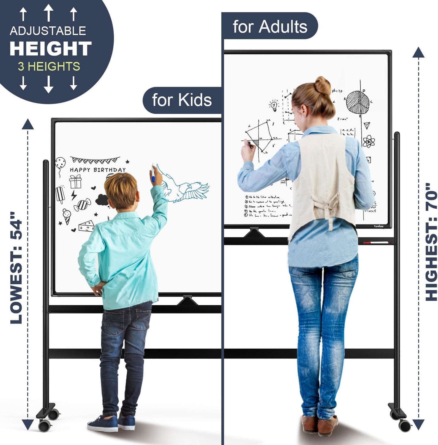 Dry Erase Whiteboard Easel on Wheels - TANKEE 48" x 32" Large Double Sided Mobile Whiteboard, Reversible Magnetic Rolling White Board for Home Office Classroom, Flip Chart Holders and Paper Pad