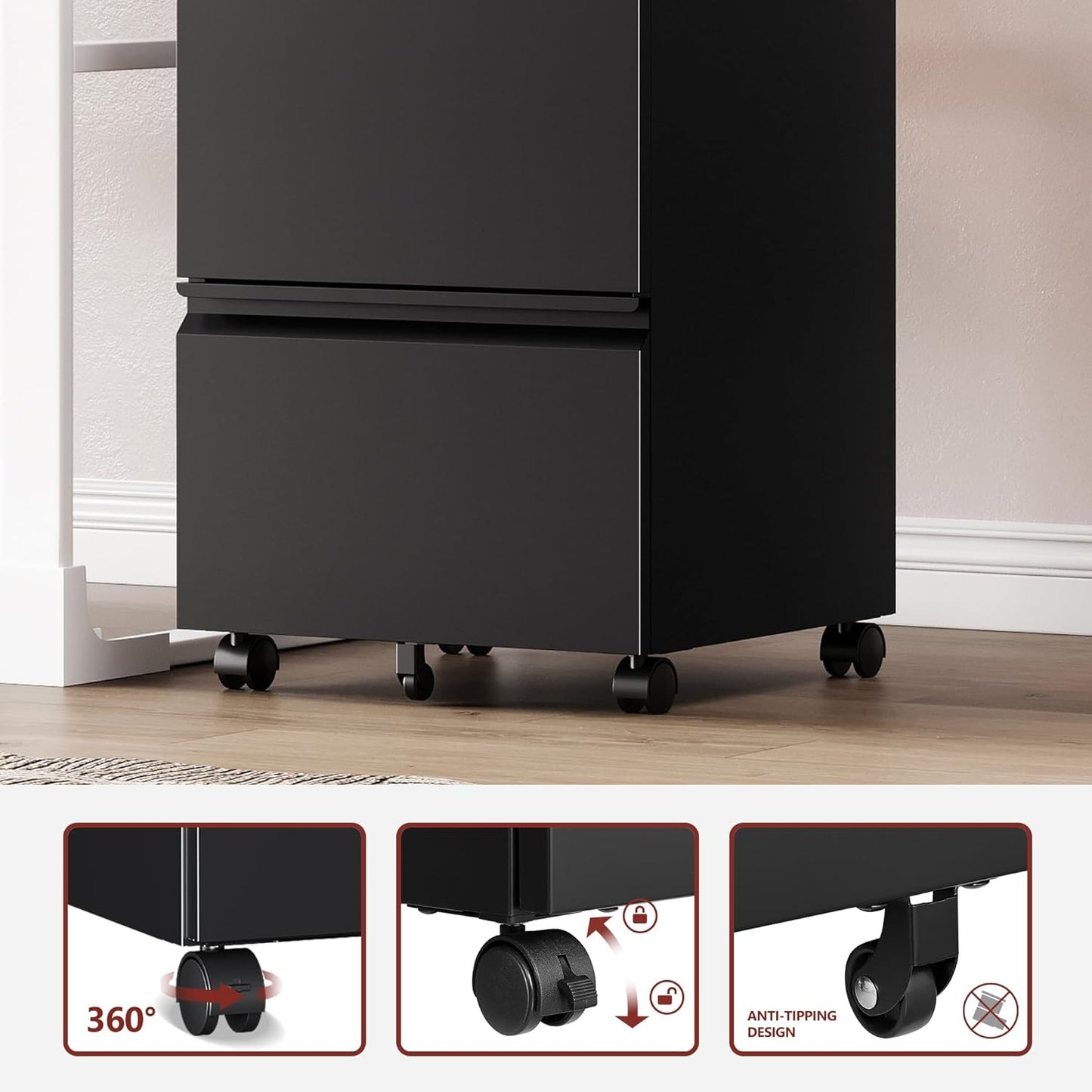 2 Drawer File Cabinet，Mobile Filing Cabinet with Lock and Wheels，Un-Assembled Metal Under Desk File Cabinets for A4/Letter/Legal Size（Black