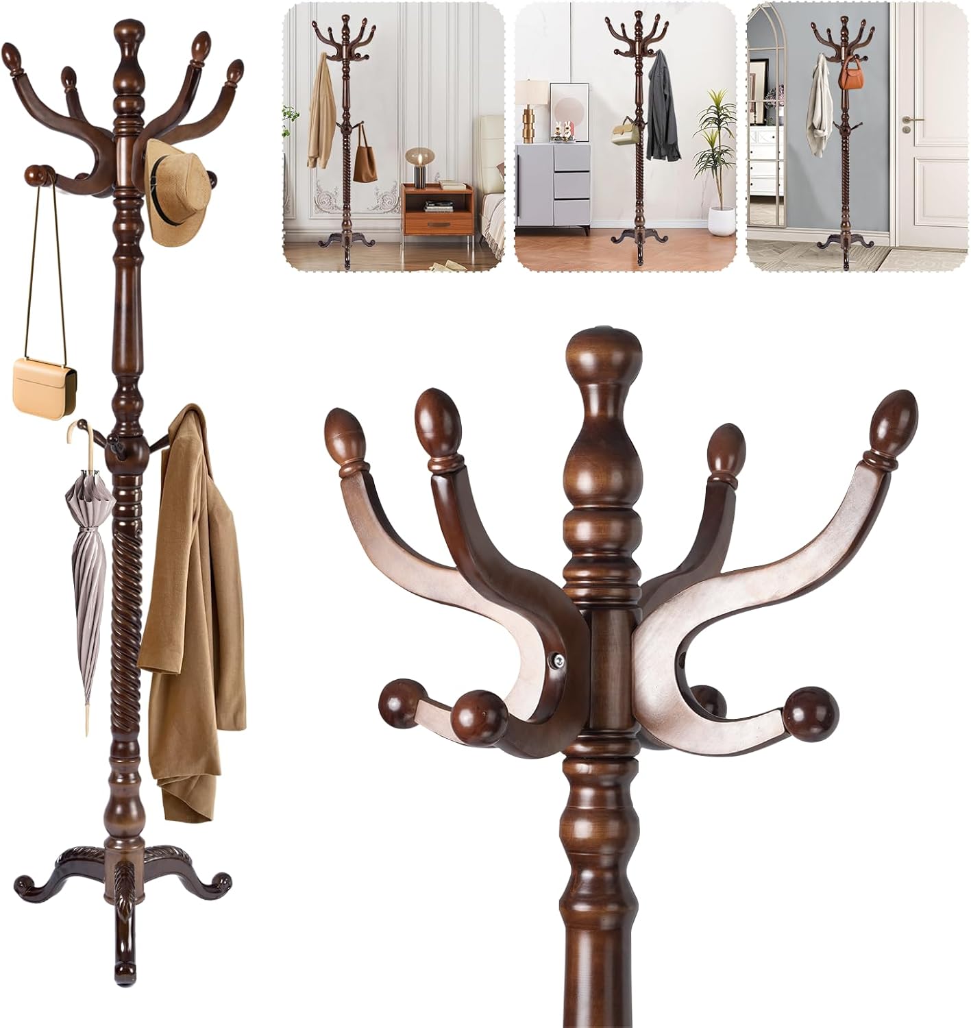 Solid Wood Coat Rack – 74.8" Freestanding Coat Racks Stand with 11 Hooks & Stable Base, Adjustable Height Modern Wooden Hall Tree for Entryway, Bedroom, Office, Home (Walnut Triangle)