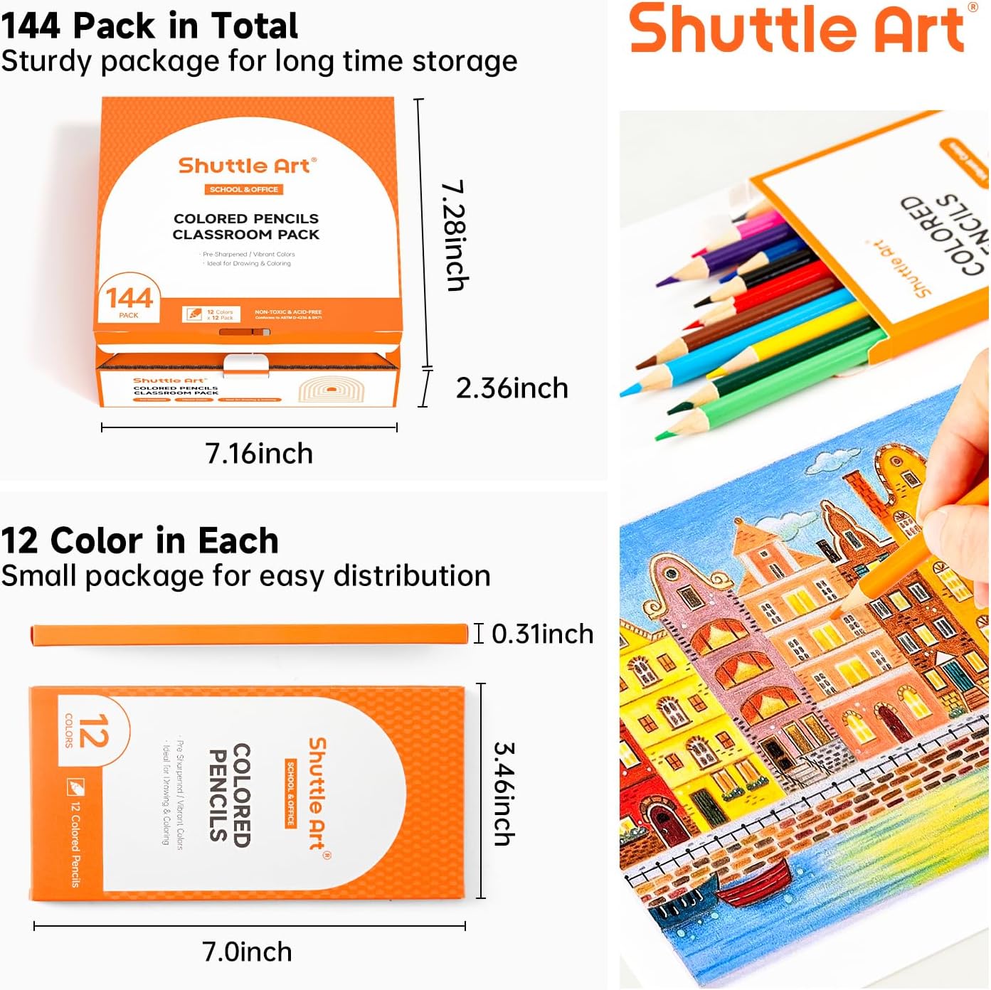 Shuttle Art 144 PCS Colored Pencils Bulk, 12 Assorted Colors, Pack of 12, Break-Resistant, Pre-sharpened Colored Pencils for Kids, Bulk Pack School Supplies for Teachers & Students
