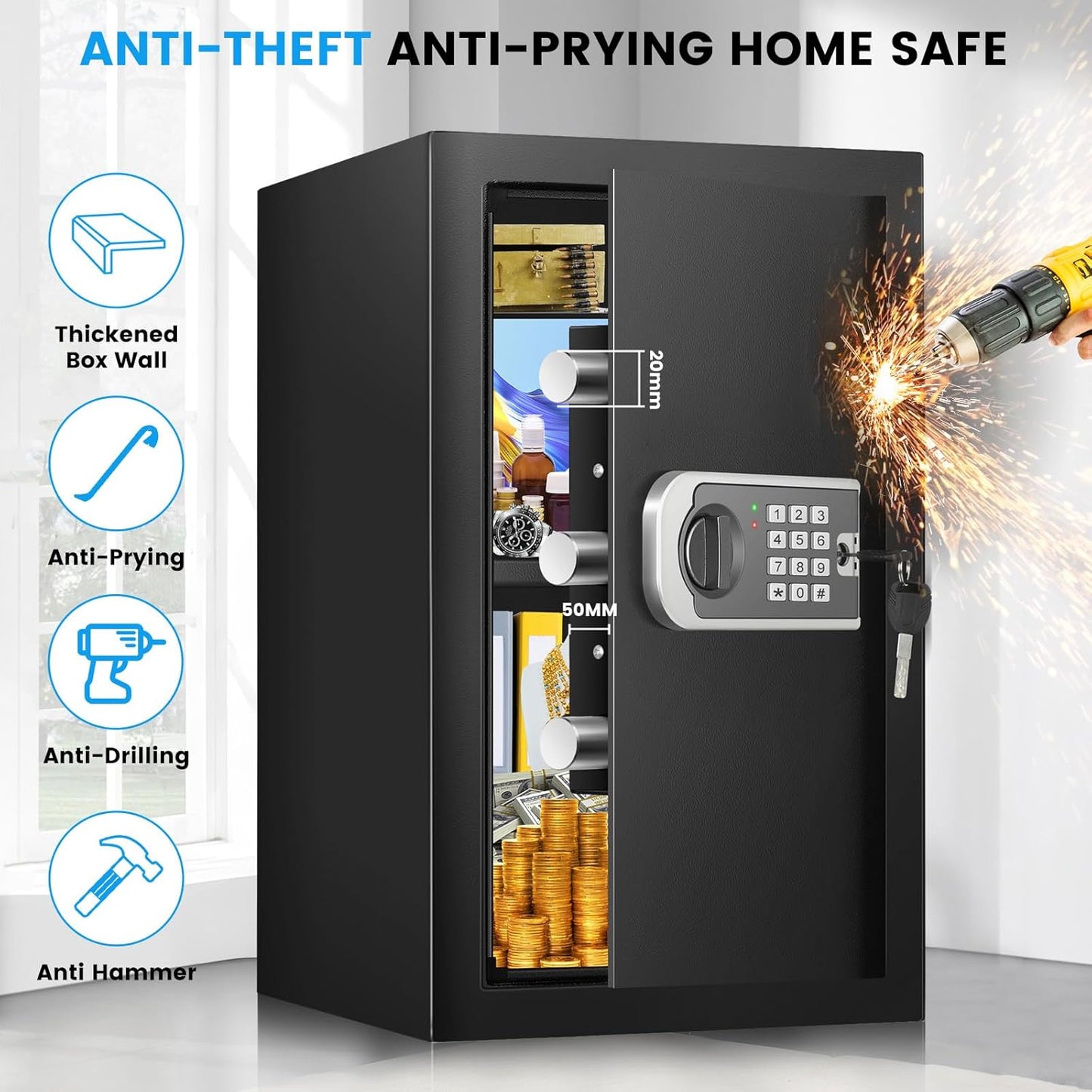 3.2 Cuft Safe Box, Home Safes with Fireproof Waterproof Bag, Security Digital Safe for Home with Programmable Keypad Keys, Smart Alert, Mute Mode, Anti-theft Document Safe for Valuables