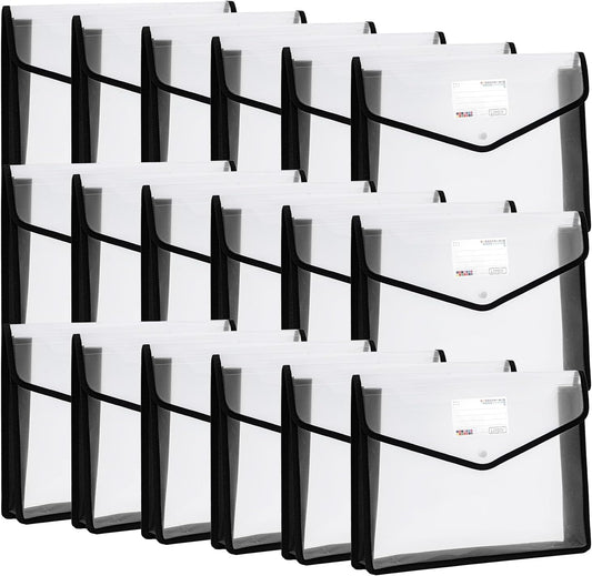 YoeeJob Plastic File Folders Legal Size Expandable Document Folder with Snap Button Closure, A4 Expanding File Wallet Envelopes Pouch with Label Pocket, 18 Packs, Black