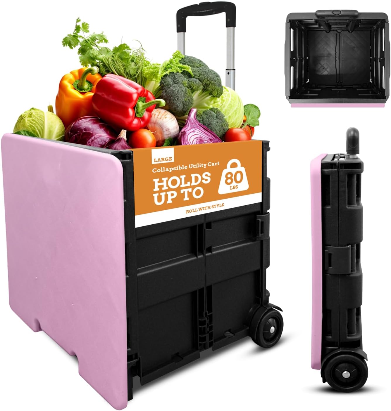 Inspired Living Collapsible Ultra-Slim Pack-N-Roll,2 Wheel Utility Cart w/Lid Used as Seat up to 250 Lbs, Telescopic Handle, Super Strong, for Home,Garden,Shopping,Office,School, Large, Pink & Black