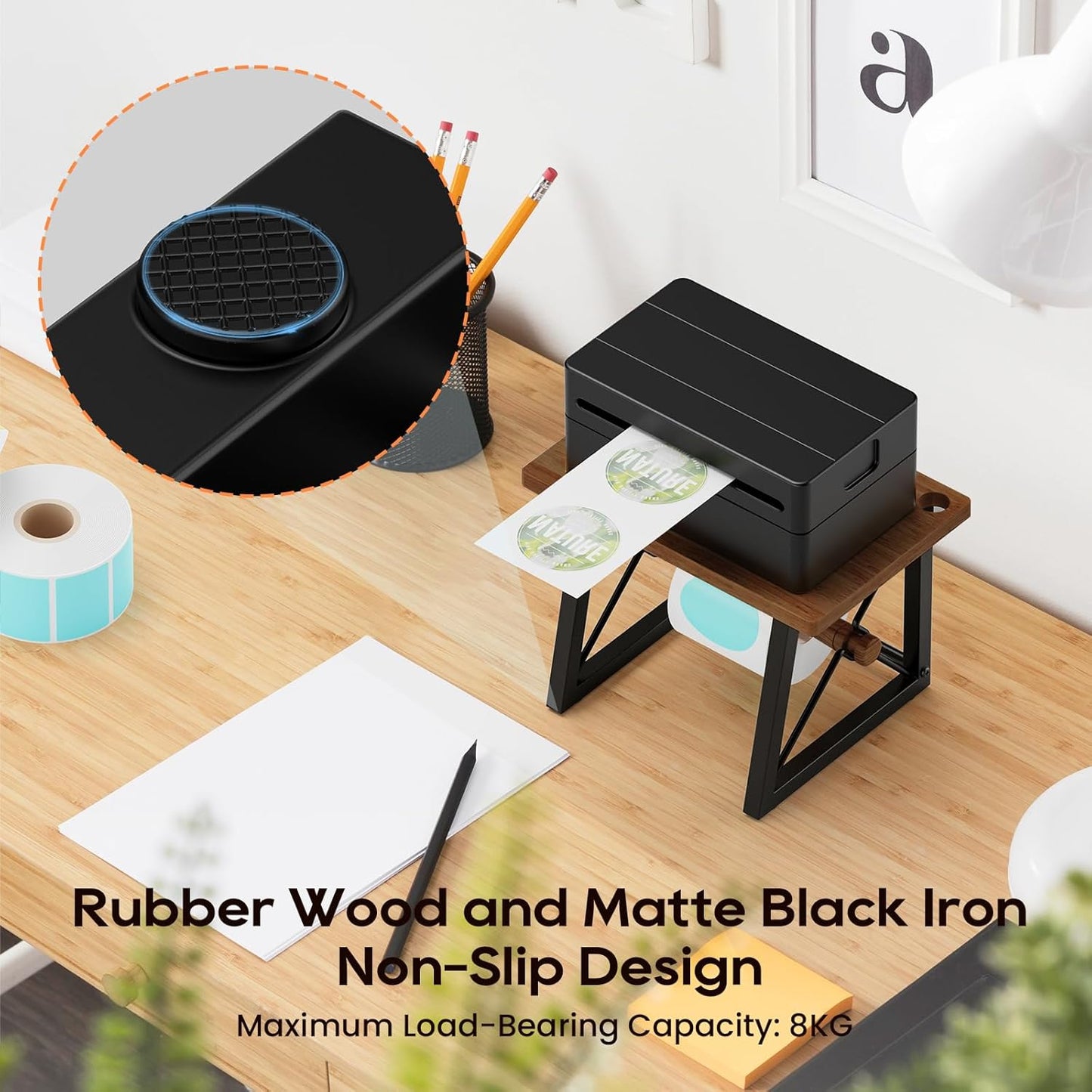 Label Holder for Rolls and Fan-fold Labels, Wooden Label Holder for Desktop Thermal Label Printer, Shipping Printer Accessory for Home, Office, Small Business (Black Walnut)