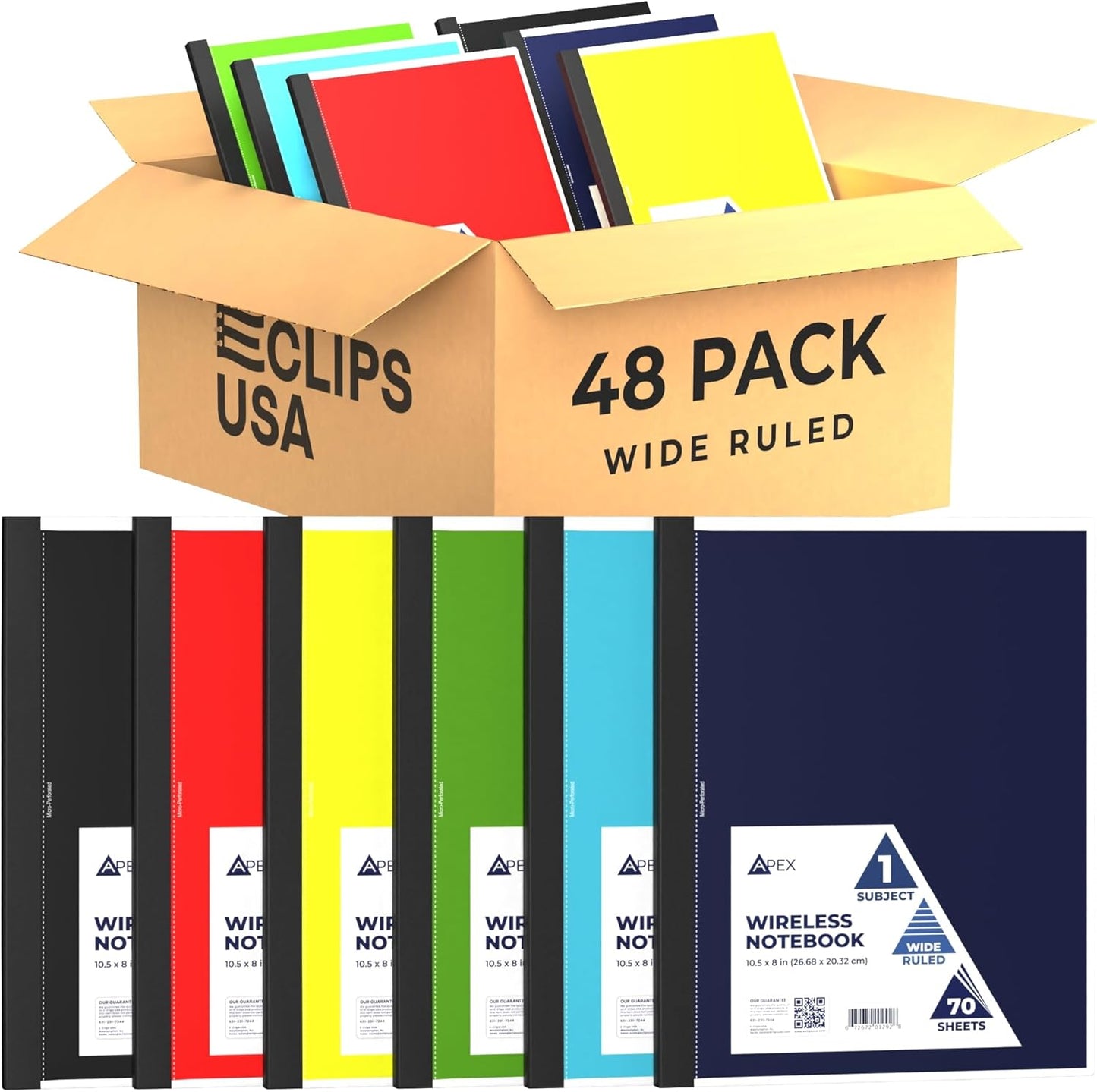 E-CLIPS USA Non Spiral Notebook, 1 Subject, Wide Ruled Notebook, Journal Notebook, Notebooks Bulk, School Supplies, Perforated Edges, 6 Colors, 70 Sheets (48, Wide Ruled)