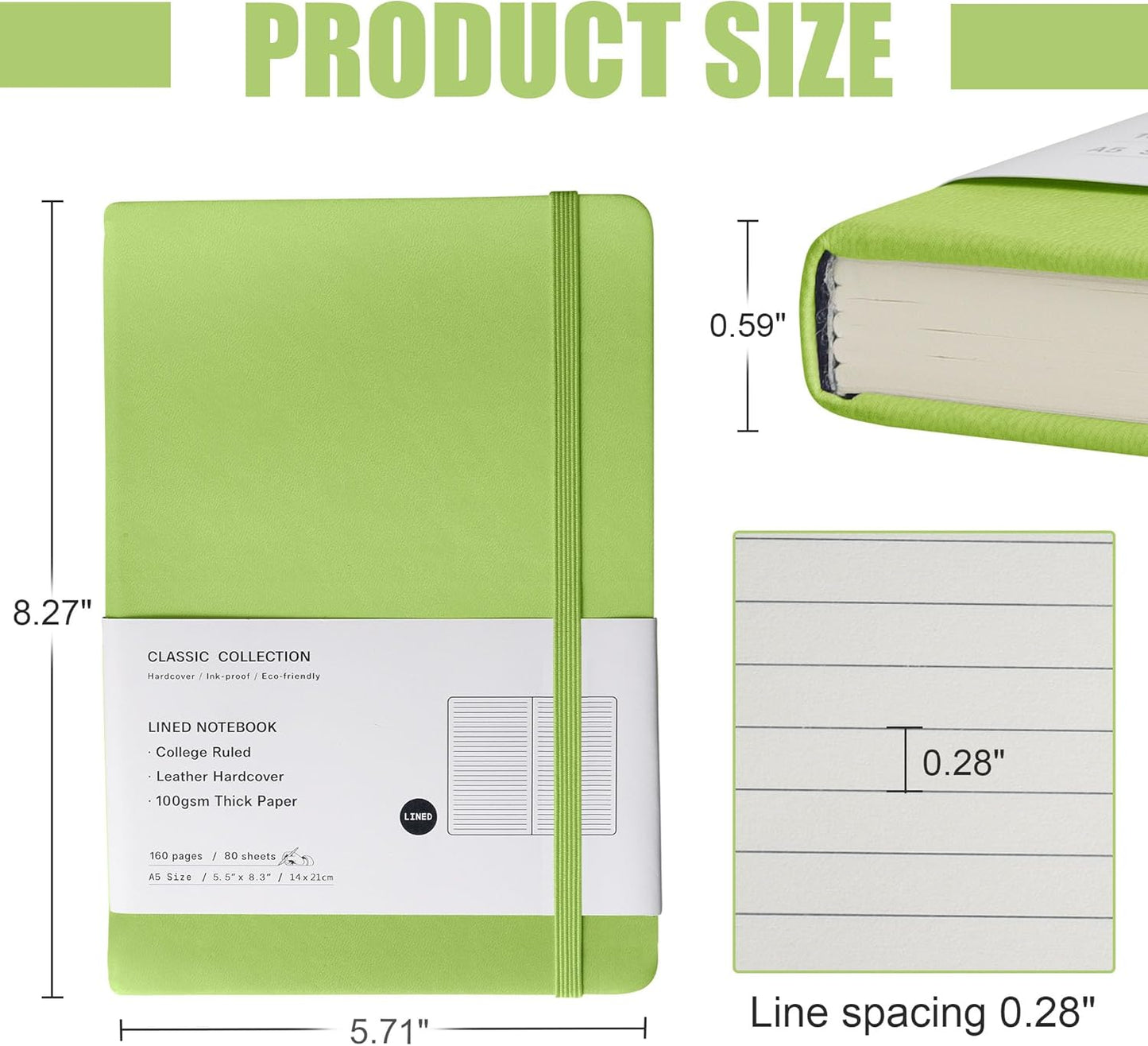 Lined Journal Notebook, 10Pack(Grass Green), 160 Pages, Medium 5.7 inches x 8 inches - 100 gsm Thick Paper, Hardcover