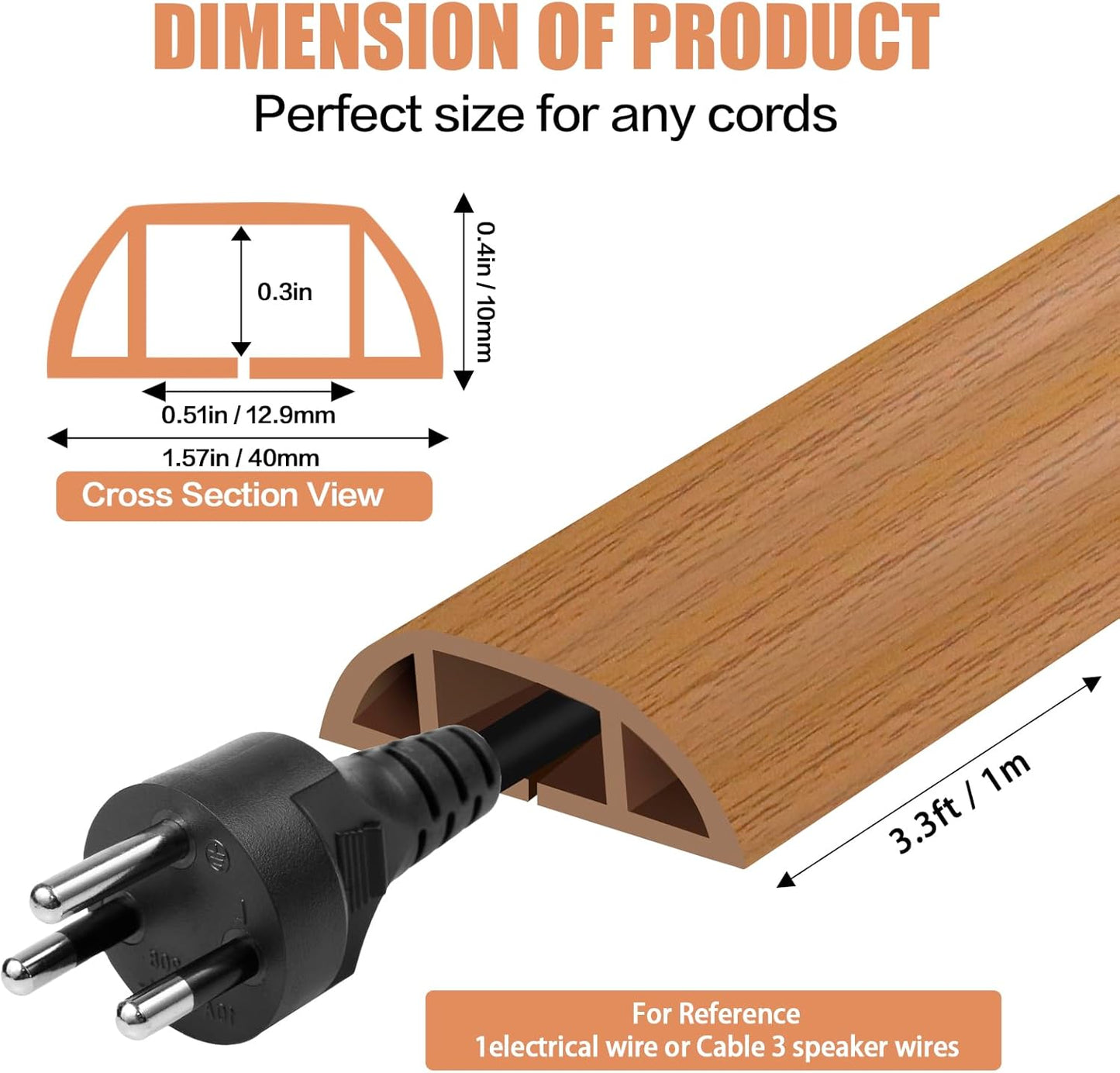 Floor Cord Cover Self Adhesive Cord Hider,3.3FT Cable Management, Extension Strip Protector for Wires, Prevent Cable Trips for Offices, Gyms, Exhibitions Cavity:0.51"(W) x 0.3"(H) Brown Wood
