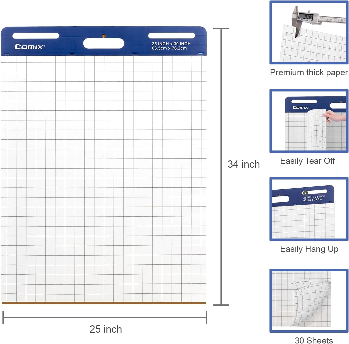Comix Grid Sticky Easel Pad, 25 x 30 Inches Flip Chart Paper for Teachers, Large Self-Stick Pads for Office School, 30 Sheets/Pad, 2 Pads/Pack