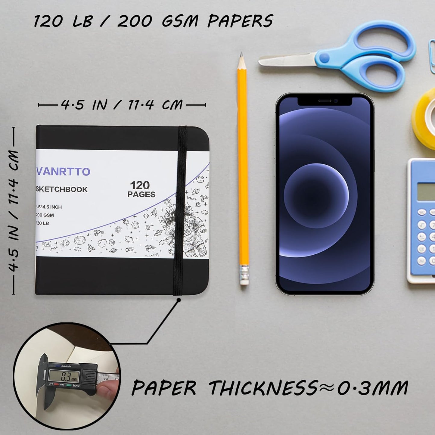 VANRTTO Hardcover Square Sketch Book, 120lb/200GSM Sketchbook Thick Drawing Paper for Marker Watercolor Mixed Media, Drawing Notebook, Art Journal, 60 Sheets/120 Pages 4.5x4.5 Inch Sketch Pad 2 Pack