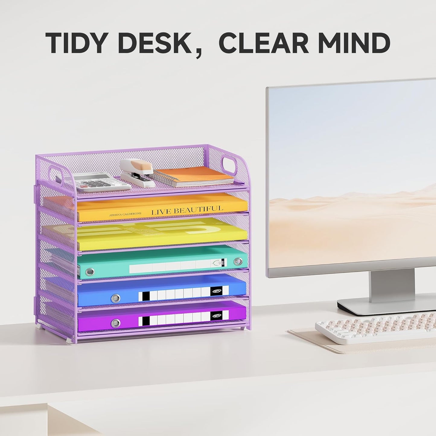 6 Tier Paper Organizer with Handle, Metal Desk Organizer Mesh Paper Letter Tray Desktop File Folder Document Sorter for Classroom, School, Office Accessories Organization and Storage - Purple