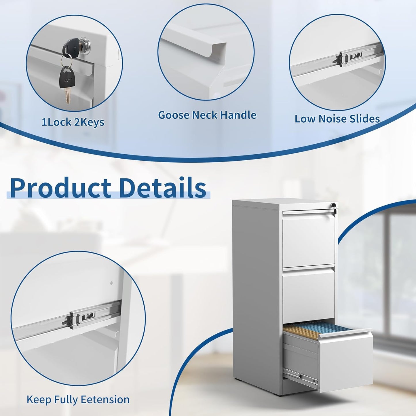 3-Drawer Locking Vertical File Cabinet, Metal Storage Cabinet for Office/Home – Secure Vertical Filing for Letter/Legal/A4/F4 Documents, Easy to Assemble Steel Cabinet (White, 3 Drawer-40 H)