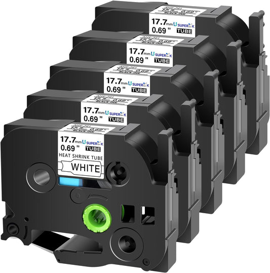 USUPERINK 5PK Compatible for Brother Ptouch HSe-241 HSe241 HS-241 HS241 Black on White 17.7mm 0.69'' Heat Shrink Tubing for Wire Cable for PT-D400 PT-E500 PT-P700 PT-P710BT PT-P750W Label Maker Tape