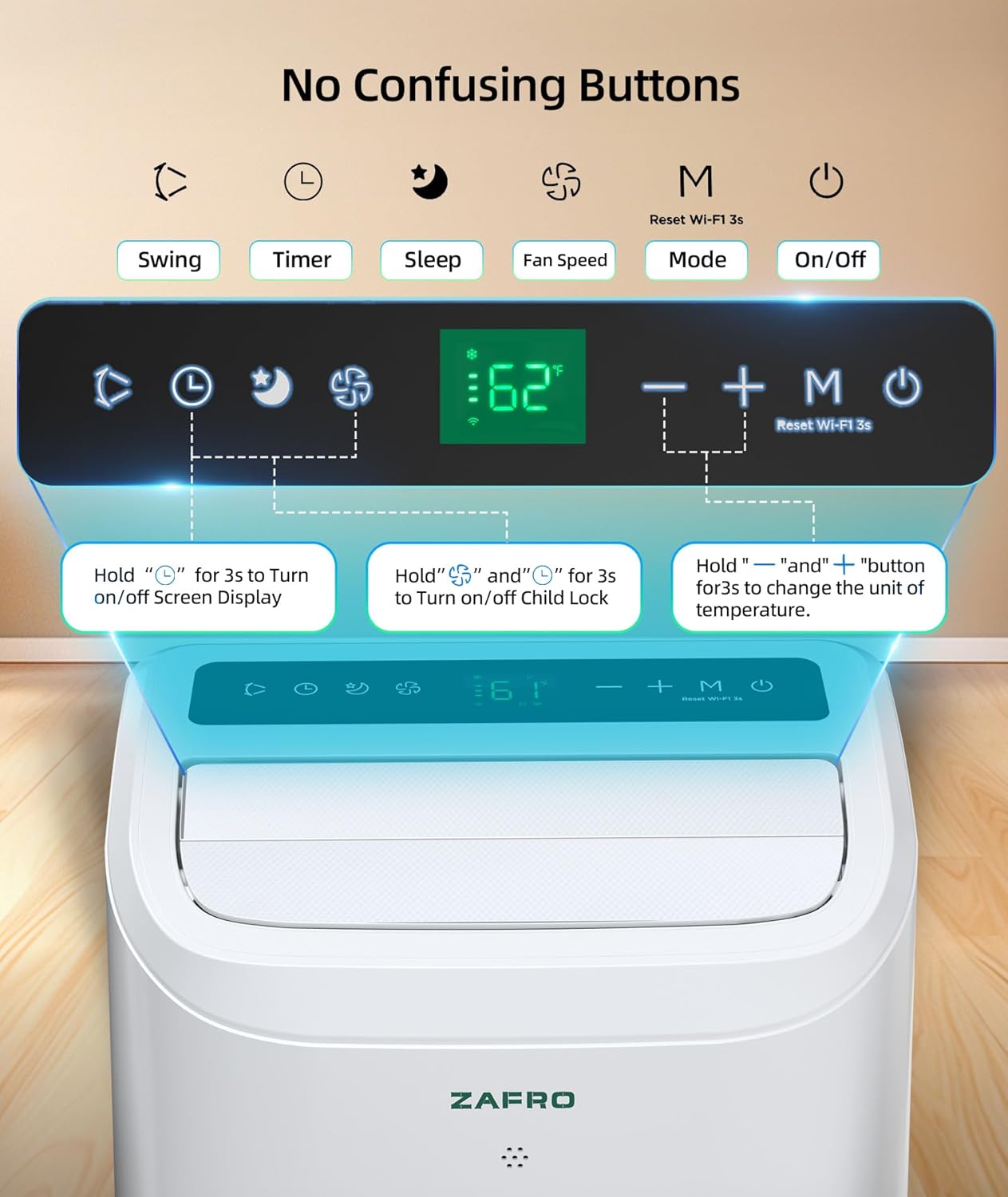 ZAFRO 12000 BTU Portable Air Conditioners (8000 BTU SACC), AC Unit for Bedroom with Drainage-free Cooling, Fan & Dehumidifier, 47dB Quiet, 24H Timer, APP Control/Remote/LED Display