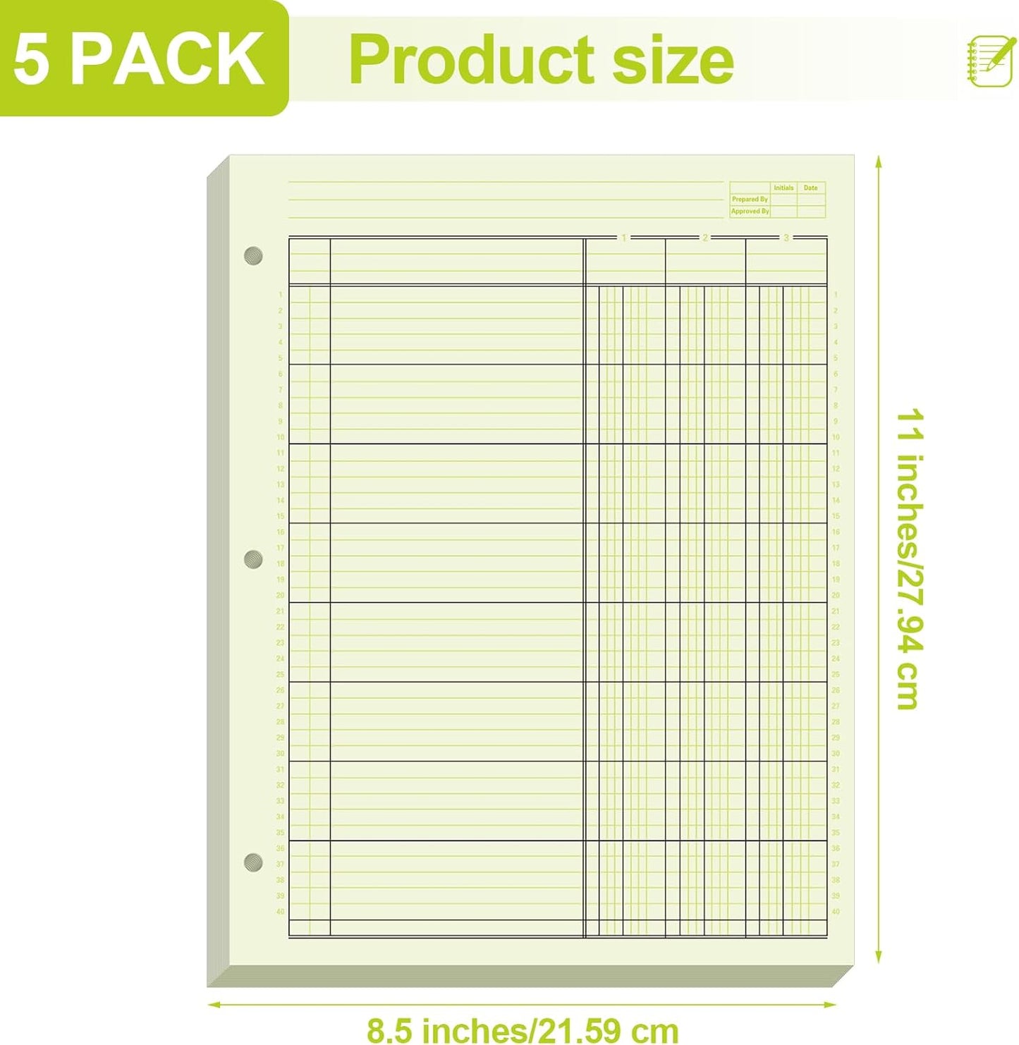 Zhanmai 5 Pack 250 Sheets Analysis Columnar Books 3 Hole Accounting Ledger Book Ledger Paper Pad Columnar Pad for Business, 50 Sheets/Pack, Single Page Format, Green(3 Columnar,8.5 x 11)