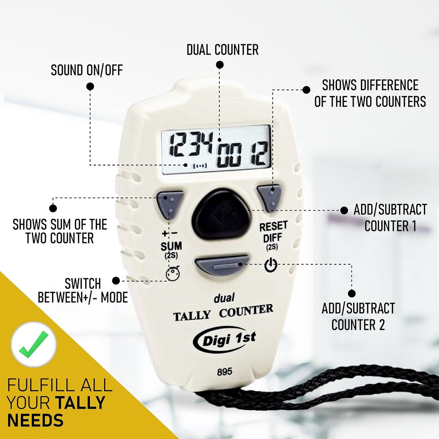 TC-895 Digital Dual Tally Counter, Electronic Up Down Clicker Counter, Add/Subtract People Counter, Handheld Pitch Counter for Golf, Lap & Sports Games