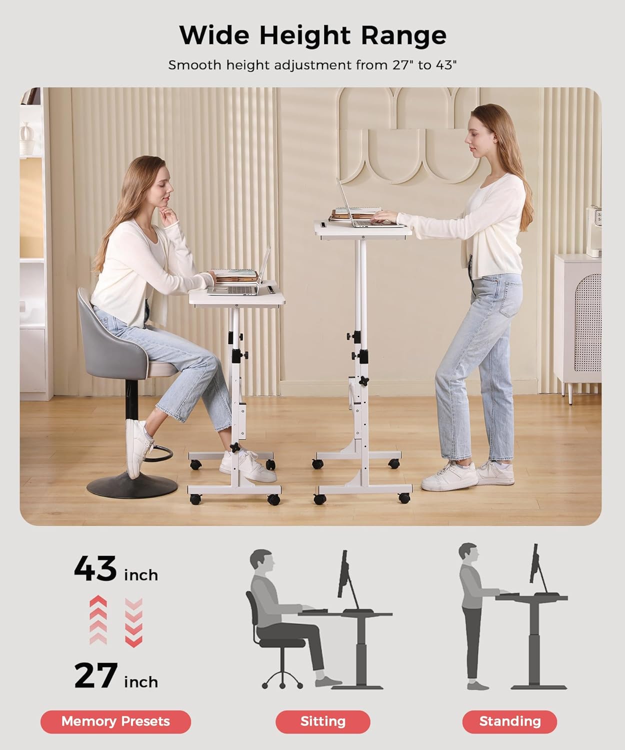 KLSMYHOKI Portable Standing Desk Adjustable Height, Small Computer, Laptop, Mobile Stand Up Rolling Desk with Wheels, Table for Home Office, 16"x31.5" Height 27"-43.5", White