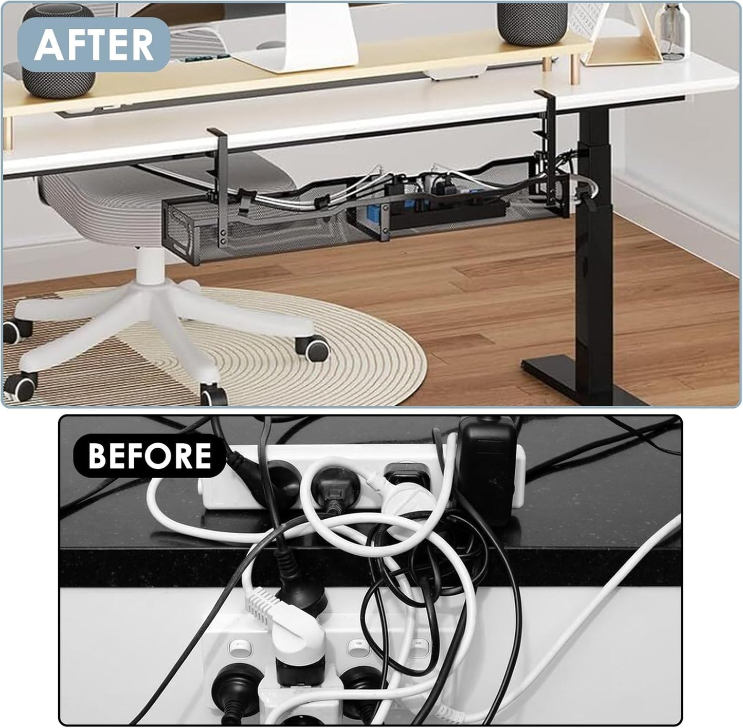 Cable Management, 25'' Cable Management Under Desk No Drill, Metal Cord Organizer with Clamp for Standing Desk, Cable Organizer for Home Office, Black